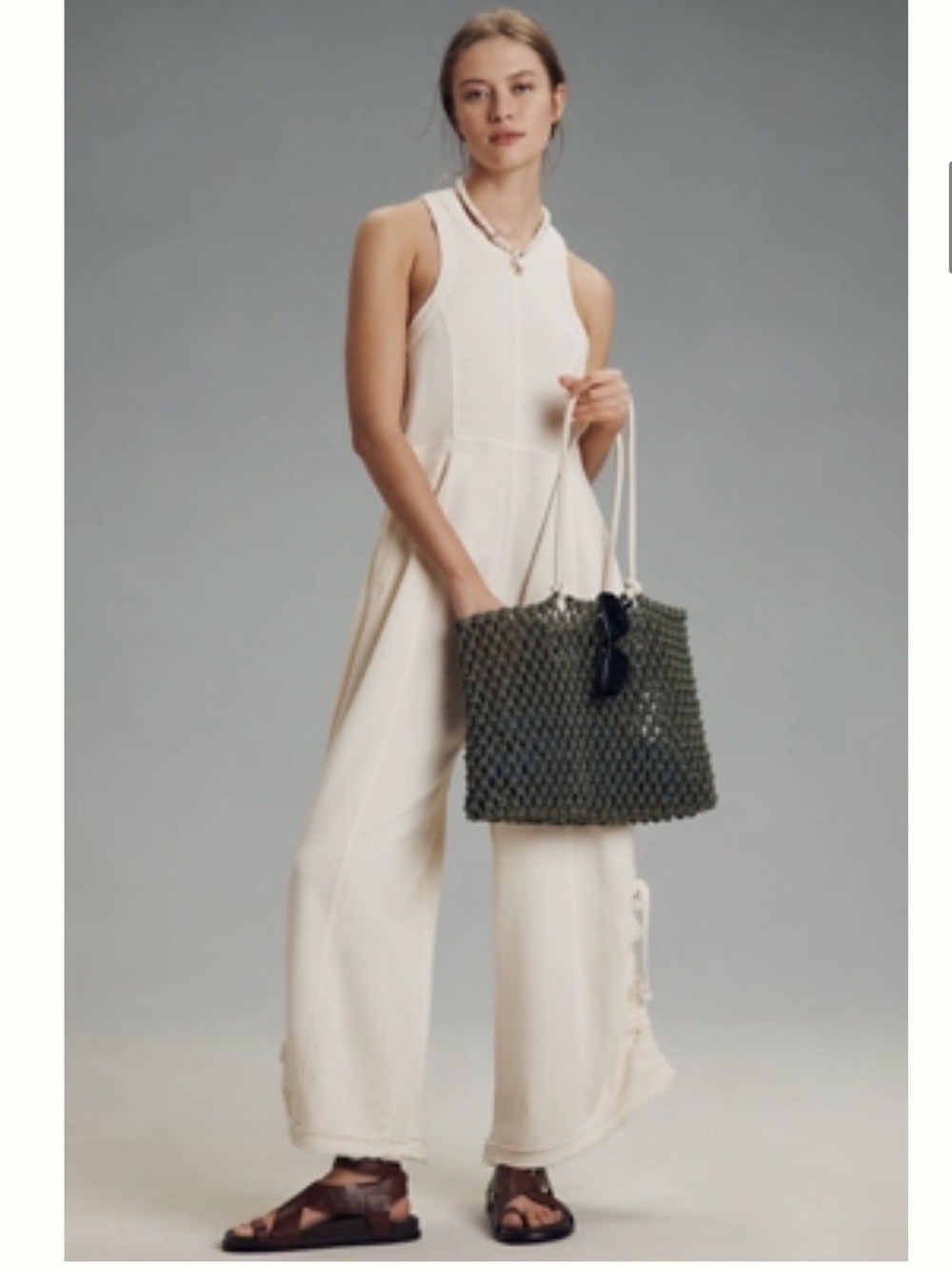 NWT Anthropologie Daily Practice Horizon Wide-Leg Knit Jumpsuit in cream|Size: M